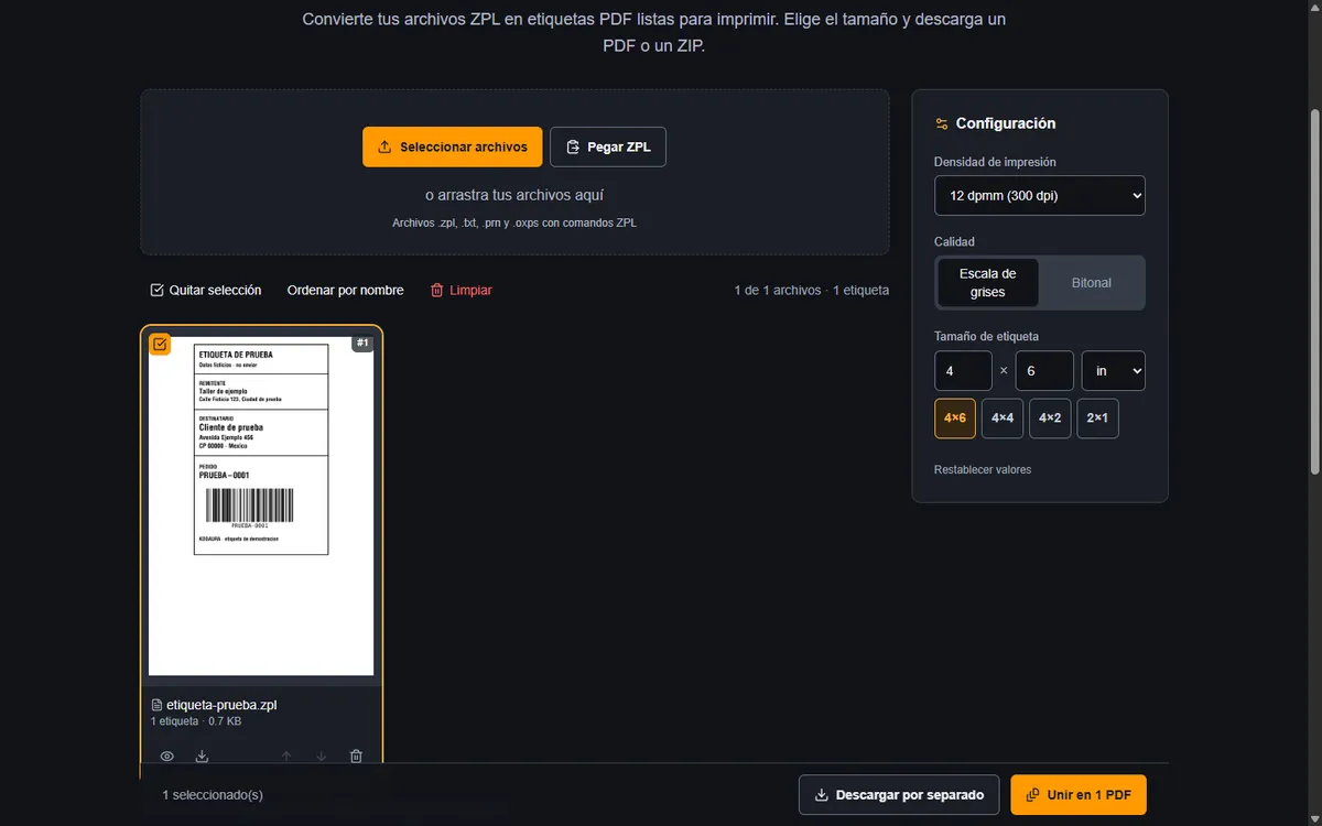 ZPL Studio con un archivo de etiqueta de prueba cargado y la configuración de densidad, calidad y tamaño 4 × 6